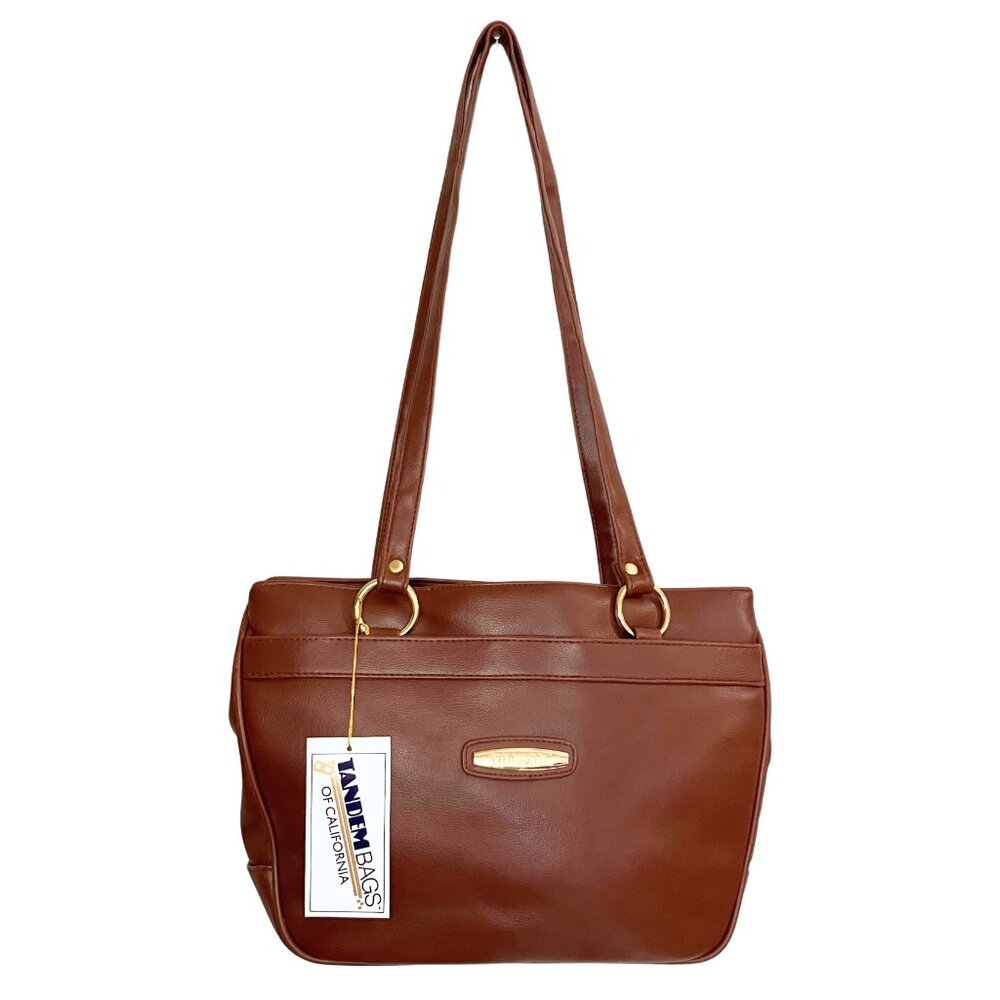 Deadstock Vintage 90s Brown Leather Shoulder Bag Classic Tote Preppy Large Work - Picture 2 of 11